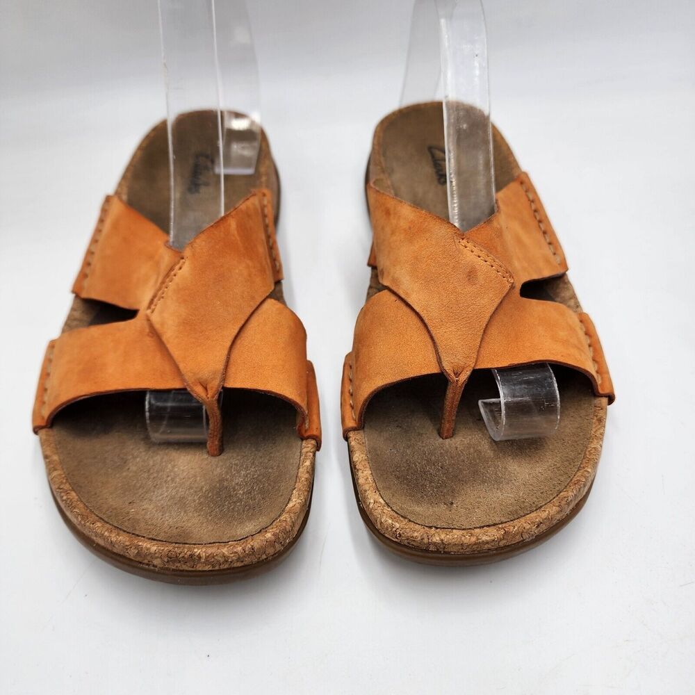 Clarks Nubuck Suede Leather Slip-On Sandals Flip Flop Orange 10M Womens Comfort - Picture 2 of 6